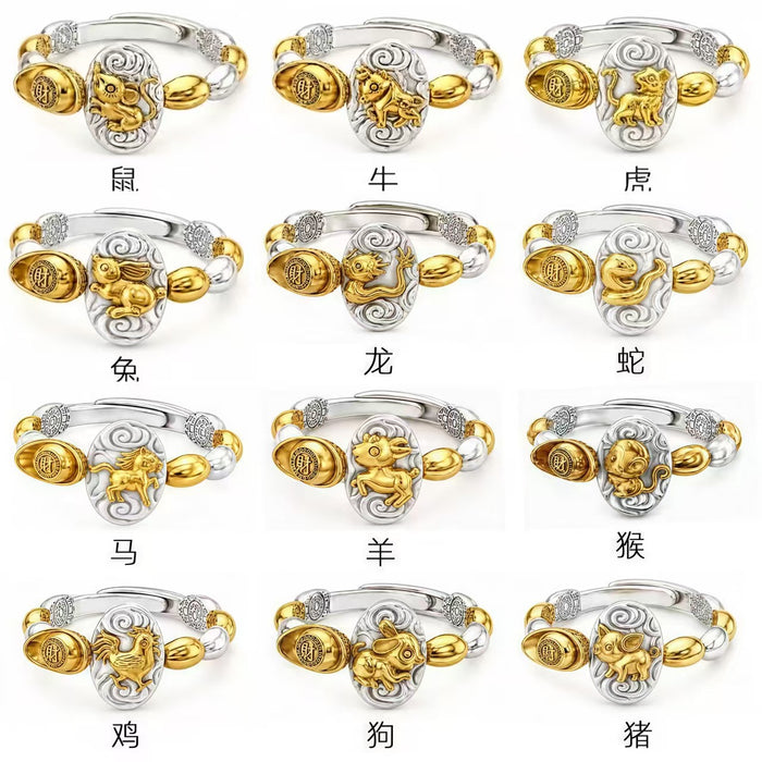 Wholesale Chinese Zodiac Rat Adjustable Open Ring Seven Grain Retro Gold Plated Copper Unisex Jewelry Boutique Resale Gift
