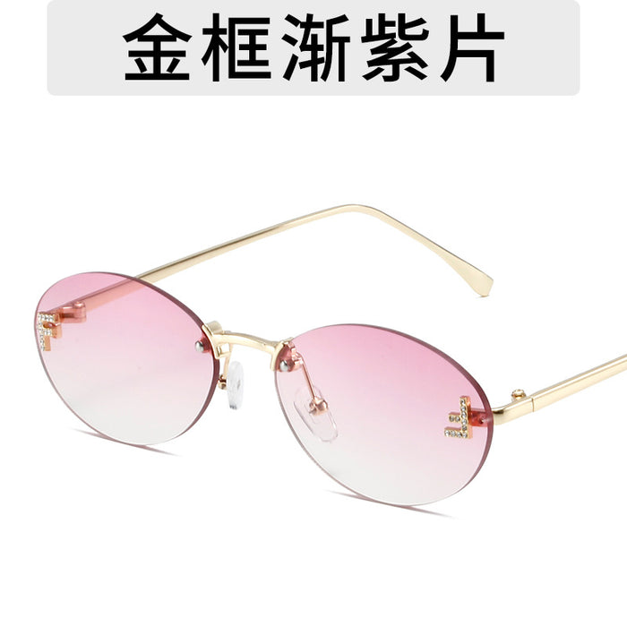 Wholesale Elliptical frame small frame sunglasses, new frameless cut edge personalized glasses, dot diamond sunglasses
