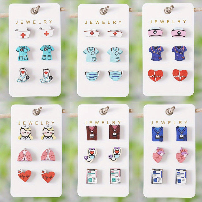 Wholesale Nurse' s Day Stethoscope Nurse Cute Heart and Lung Organs Earrings suit Wooden Earrings Earrings Gift