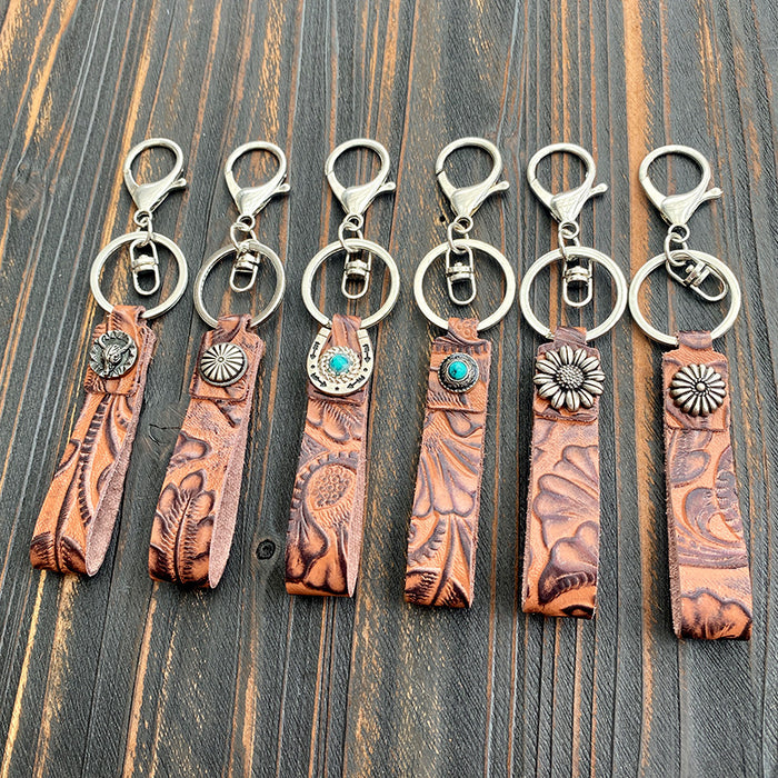 Wholesale Retro leather keychain turquoise cowhide pendant