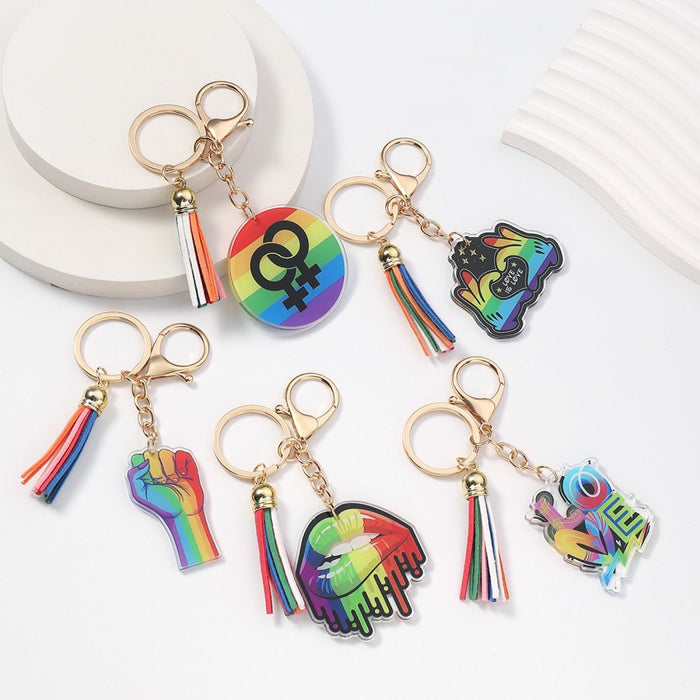 Wholesale Acrylic Color Mouth English Letters LOVE IS LOVE Rainbow Tassel Keychain JDC-KC-RongRui034