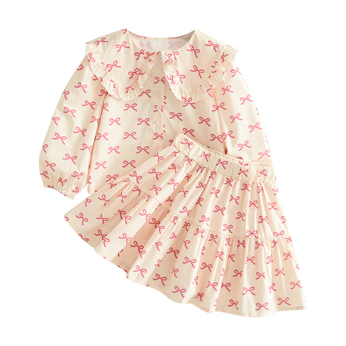 Wholesale Long Sleeve Printed Babydoll Skirt Bowknot Children's Suit JDC-CTS-DuoEr005