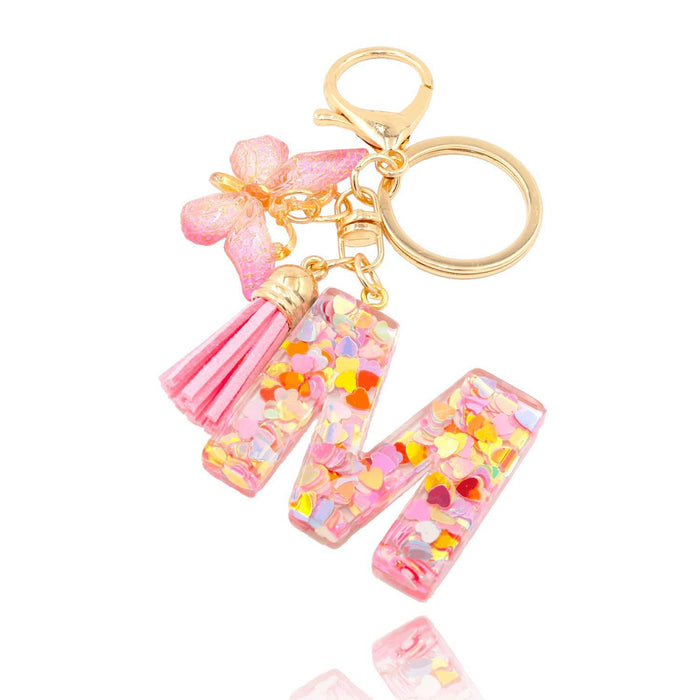 Wholesale Pink Letter Keychain Heart Sequin Butterfly Tassel Keychain Crystal Glue Pendan