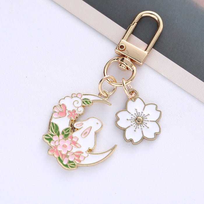 Wholesale Cherry Blossom Cute Moon Rabbit Pink Metal Keychain Bag Decoration