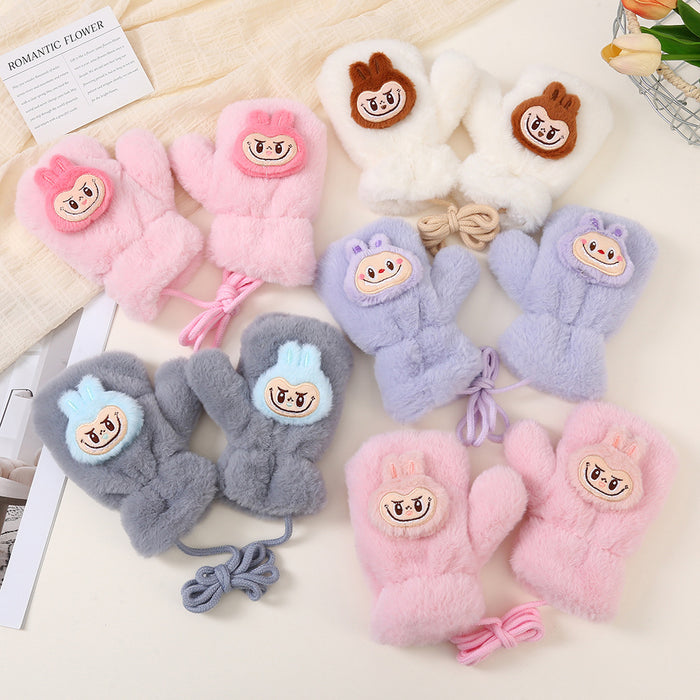 Wholesale Cute cartoon-style faux rabbit fur thickened kids' gloves with drawstring to prevent loss