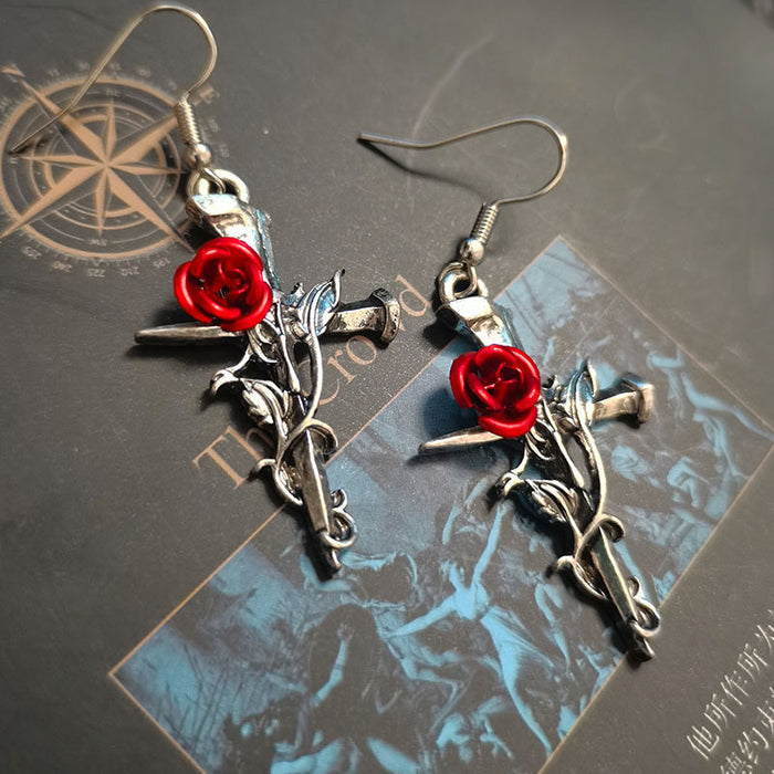 Wholesale Vintage Dark Gothic Alloy Rose Flower Cross Earrings JDC-NS-FuSu006