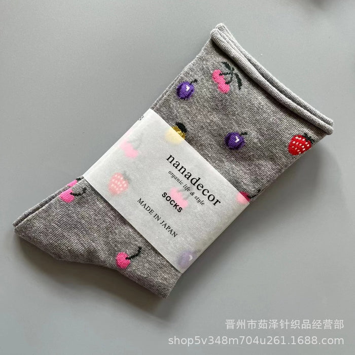 Wholesale Fruit and flower loose mouth rolled edge mid tube socks, simple cotton socks