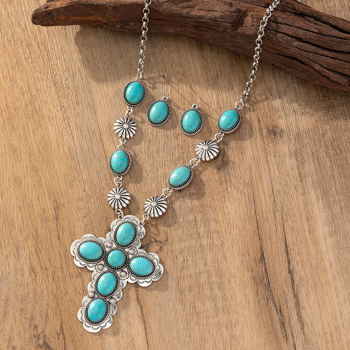Wholesale Vintage Western Cross Turquoise Jewelry Set Alloy Necklace Earrings