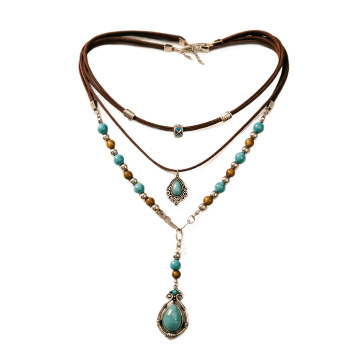 Wholesale Vintage Turquoise Beaded Collarbone Necklace Set Ethnic Heart Bull Head Pendant Layering Jewelry Gift