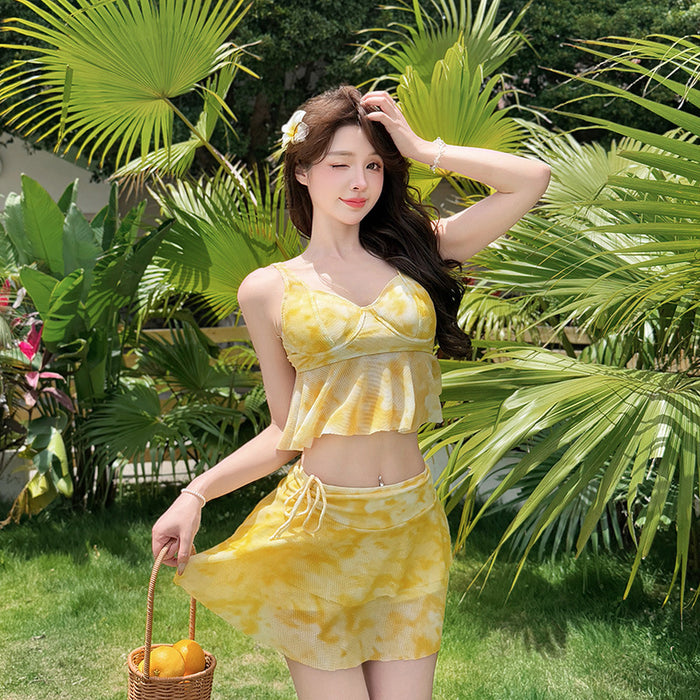 Wholesale Swimsuit split steel support, gathered bikini four piece set, high-end feeling, concealing flesh and slimming, long sleeved sun protection