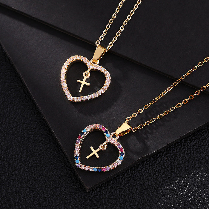 Wholesale  Jewelry Micro-inlaid Color Zircon Geometric Cross Pendant Heart-shaped Necklace