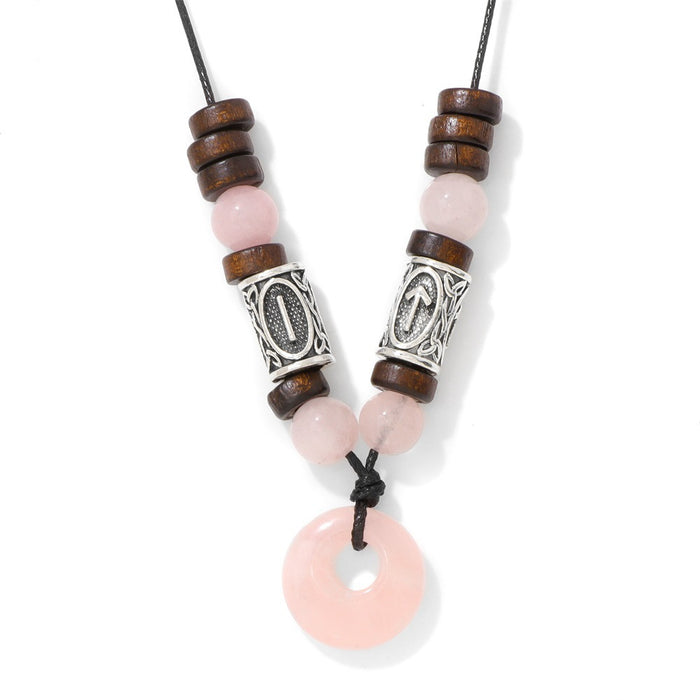 Wholesale Viking symbol necklace with stone pendant safety clasp and wooden beads