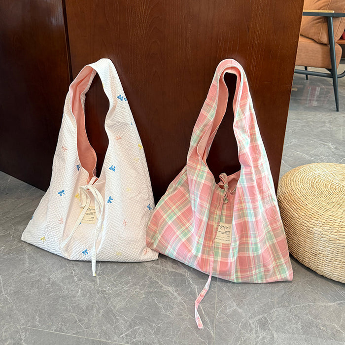 Wholesale Versatile Embroidered Bow Shoulder Bag, Fashionable Artistic Plaid Underarm Bag, Tote Bag
