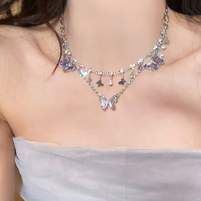 Wholesale Butterfly tassel necklace, double-layer layered versatile heart pendant, collarbone chain