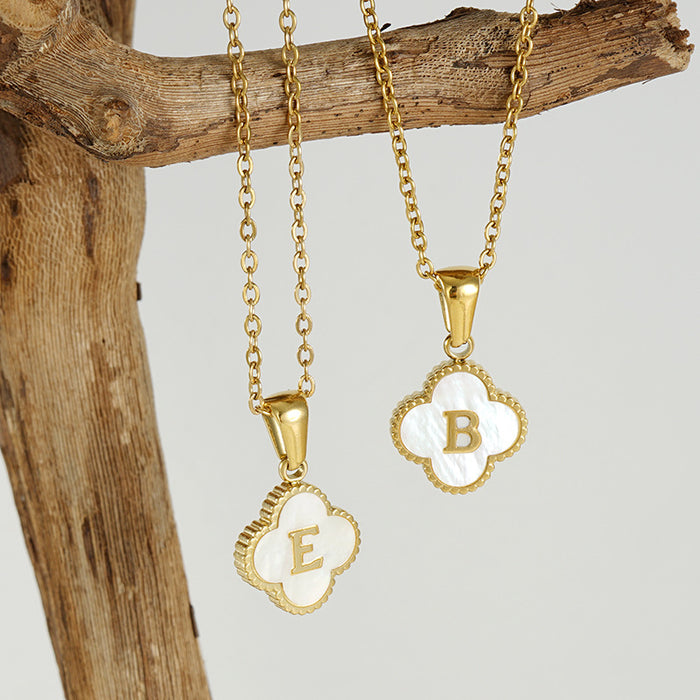 Wholesale Four-leaf seashell letter pendant stainless steel necklace