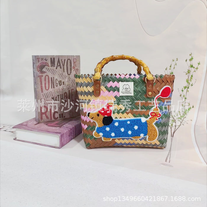 Wholesale Woven Basket Bag Shoulder Hand Bag Cute Rattan Cloth Cartoon Woven Bag