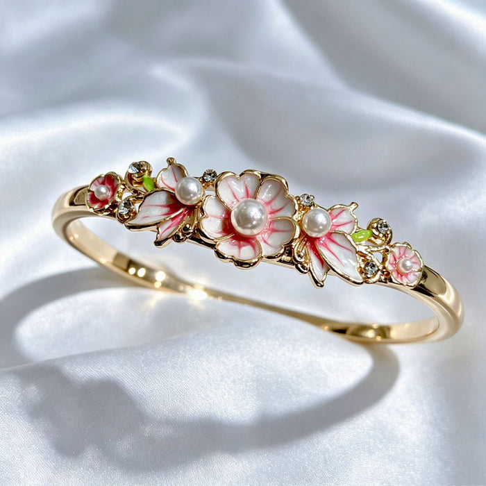 Wholesale New Chinese Style Pearl Flower Enamel Bangle Bracelet Light Purple Floral Jewelry Accessory Everyday Wear And Gift Giving Boutique Resale