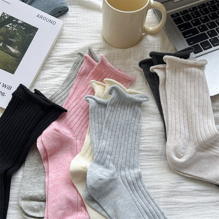 Wholesale Curled edge drawstring socks, stacked socks, middle tube cotton socks