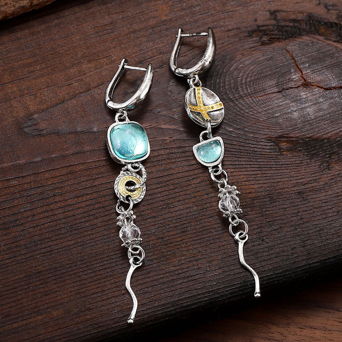 Wholesale Asymmetrical sapphire engraved cross earrings,  made of old metal,  high-end and versatile earrings