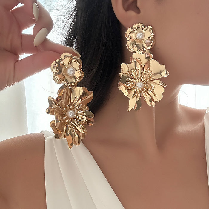 Wholesale New fashion accessories, flower earrings, exaggerated alloy pearl earrings, double-layer tassel earrings