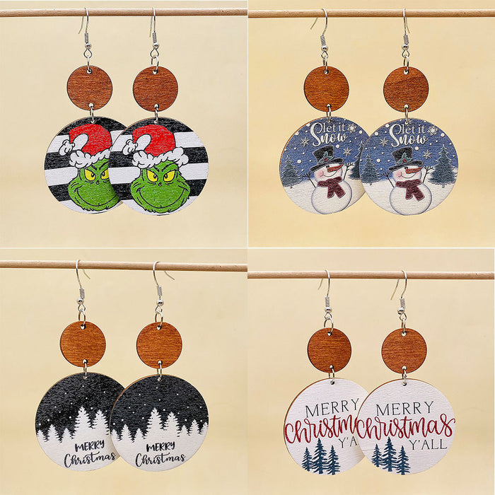 Wholesale Christmas Earrings Retro Style Wooden Geometric Splicing Earrings Christmas Tree Christmas Hat Snowman Earrings