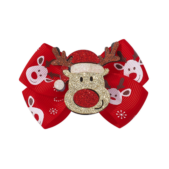 Wholesale Polyester Children's Printed Glitter Bow Christmas Elk Hairpin JDC-HC-Xiane012