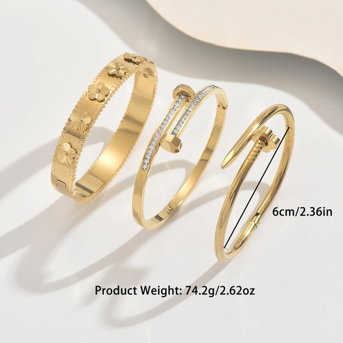 Wholesale Four Leaf Clover Rhinestone Open Cuff Bracelet Titanium Steel Gold Tone Stylish Fashion Accessory Gift Boutique Resale