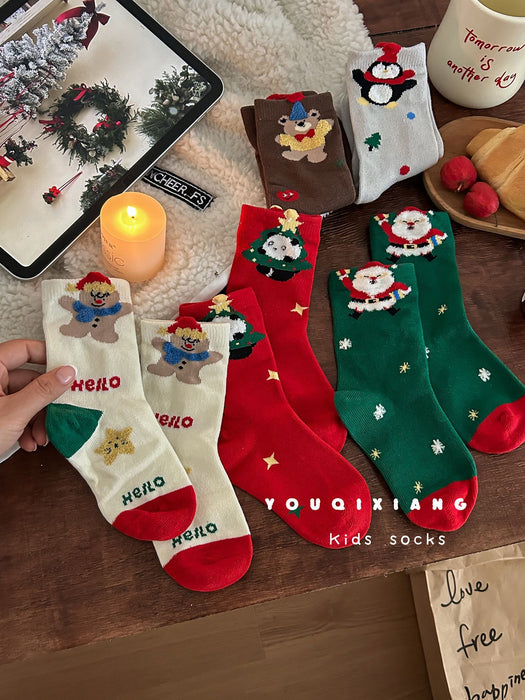 Wholesale Children' s cartoon-patterned red mid-calf socks,  perfect for Christmas and New Year.