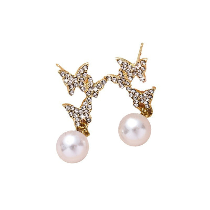 Wholesale New butterfly studded diamond earrings with temperament, long style, high-end feel, light luxury, fashionable and atmospheric pearl earrings