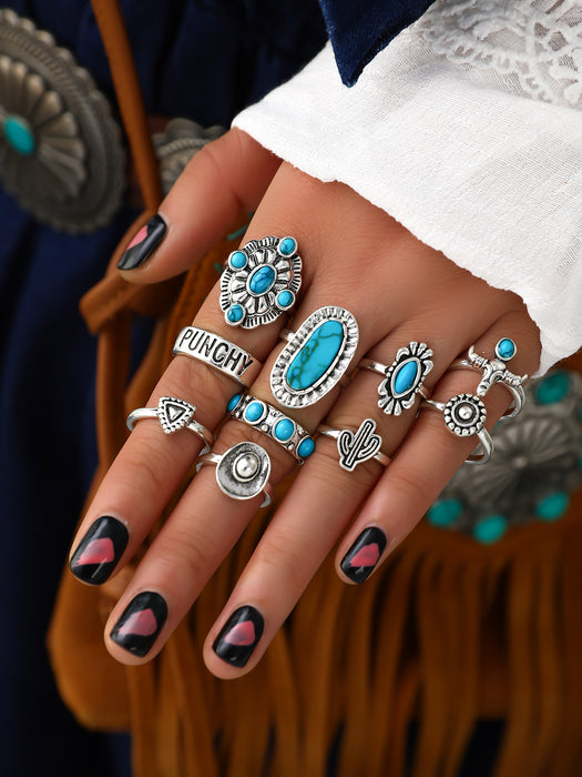 Wholesale Retro Bohemian turquoise cactus carved multi-piece suit ring