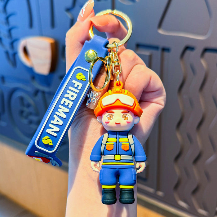 Wholesale Chinese Style Cartoon Traffic Police Firefighter PVC Keychain Pendant Fire Safety Campaign
