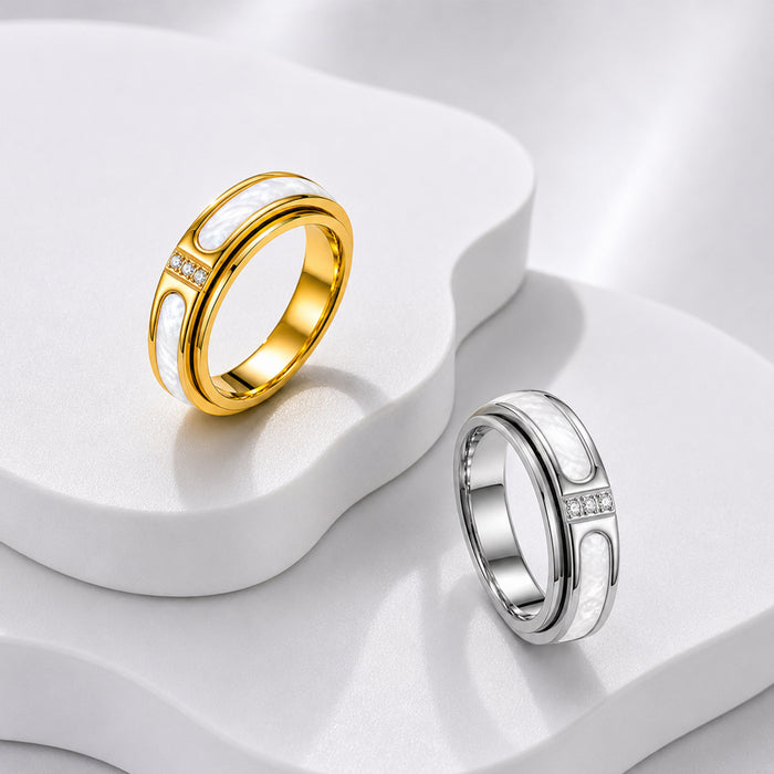 Wholesale Light Luxury Rotatable Ring with White Shell and Crystal 304 Stainless Steel