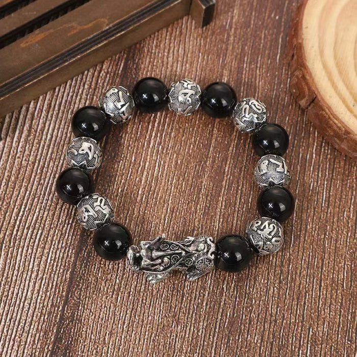 Wholesale Buddha bead bracelet for men, obsidian for wealth, silver jewelry, vintage gift