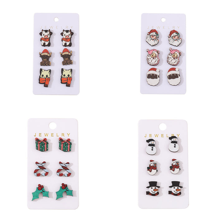 Wholesale Christmas Wooden Earring Set Snowman Santa Design Fashion Accessory