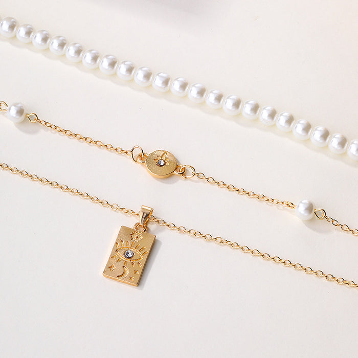 Wholesale New Fashion Pearl Chain Stacked Necklace Geometric Eye Pendant