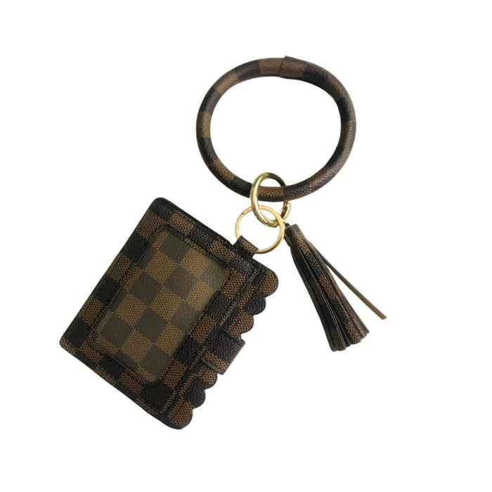 Wholesale Off-white Brown Plaid PU Leather Card Holder Wrist Keychain JDC-KC-HTong002