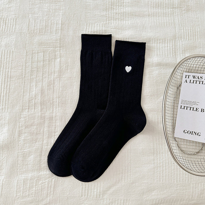 Wholesale Socks with rolled edges, embroidered hearts, simple vertical stripes, versatile stacking socks