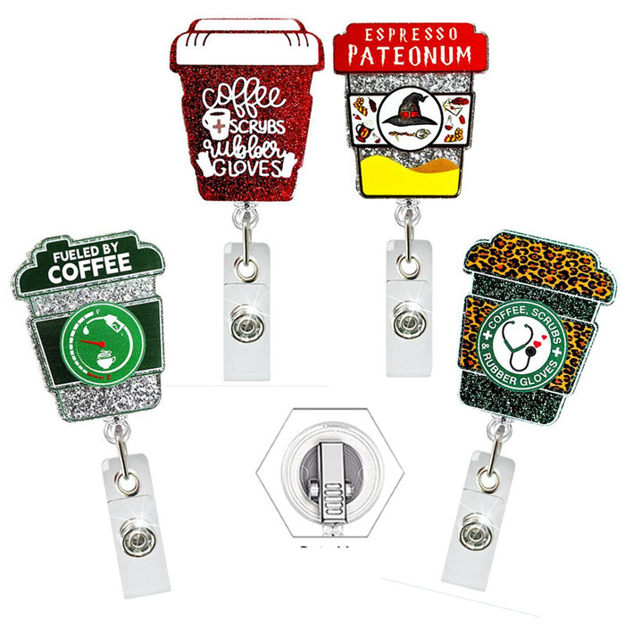 Wholesale Acrylic Coffee Cup Easy-pull Buckle Transparent Rotating Back Clip Glitter Badge Badge Reel JDC-KC-XinH011