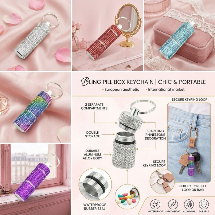 Wholesale Alloy Waterproof Sealed Pill Holder Keychain Rhinestone Decor European American Modern Style For Everyday Travel