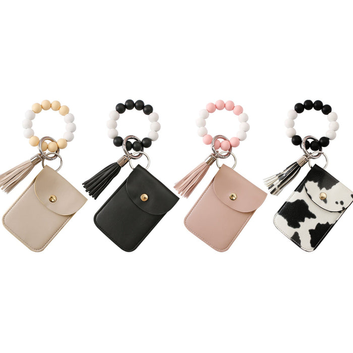 Wholesale silicone beads wrist keychain in stock PU single card bag coin purse bracelet key ring