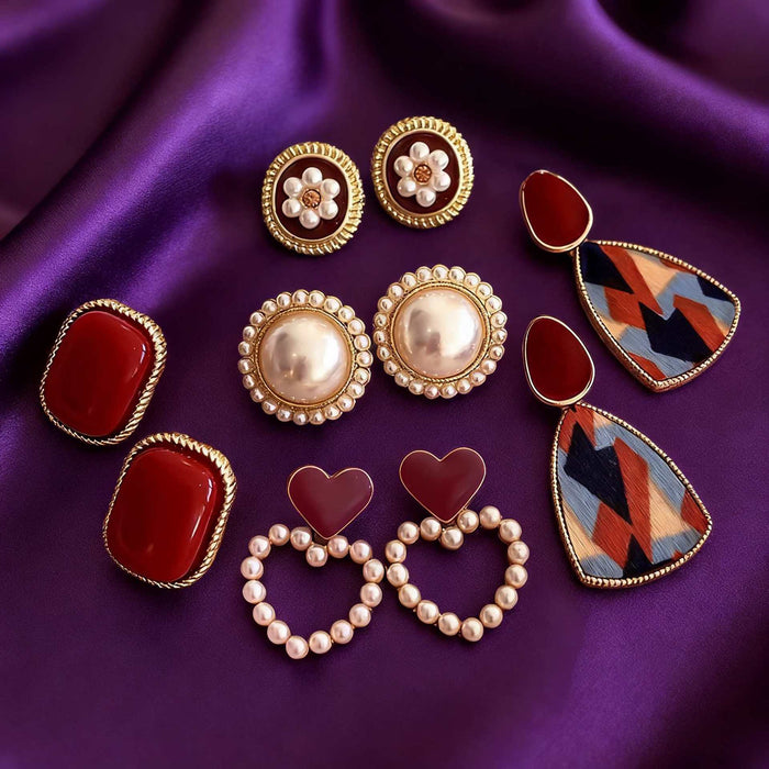 Wholesale Burgundy vintage floral heart stud earrings