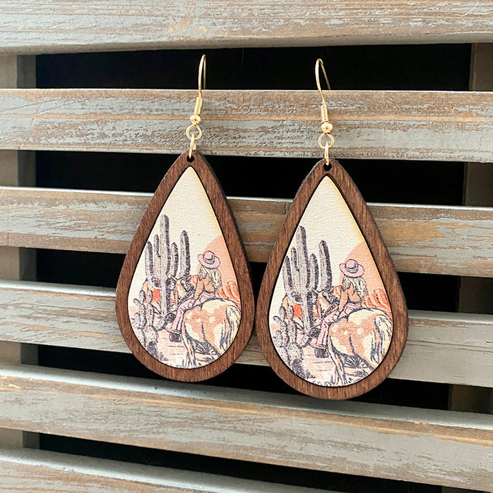 Wholesale Western Retro Wooden Earrings Aztec Water Drop Pattern Atmospheric