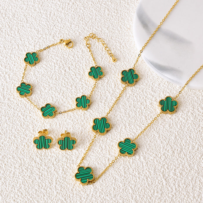 Wholesale Stainless Steel Five-Leaf Clover Bracelet Necklace Earring Set