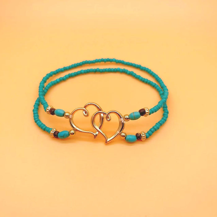 Wholesale Beach Vacation Style Double Heart Beaded Jewelry Set Alloy Necklace and Bracelet MOQ≥2