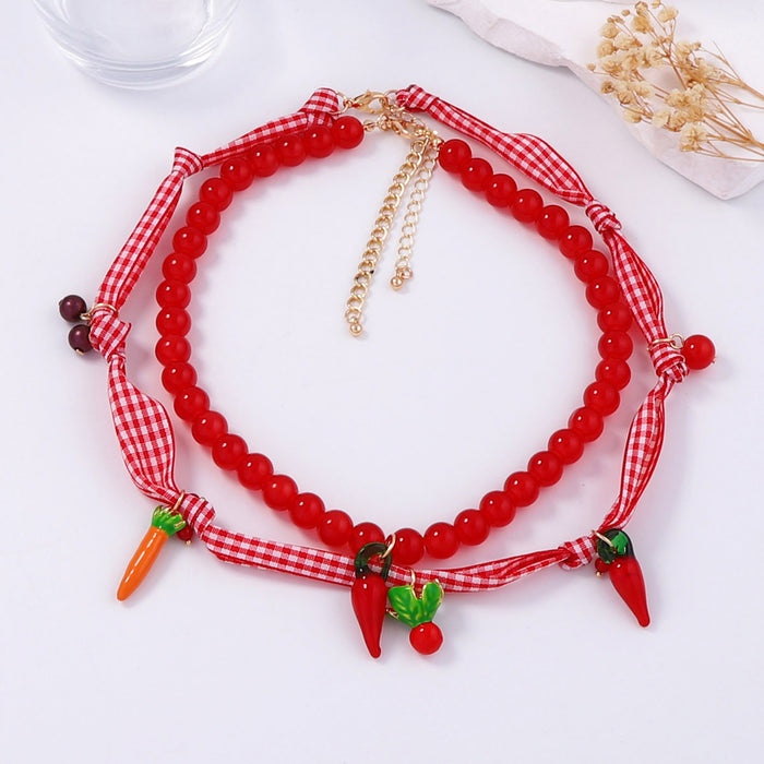 Wholesale beaded rope alloy glass three-dimensional fruit pendant necklace