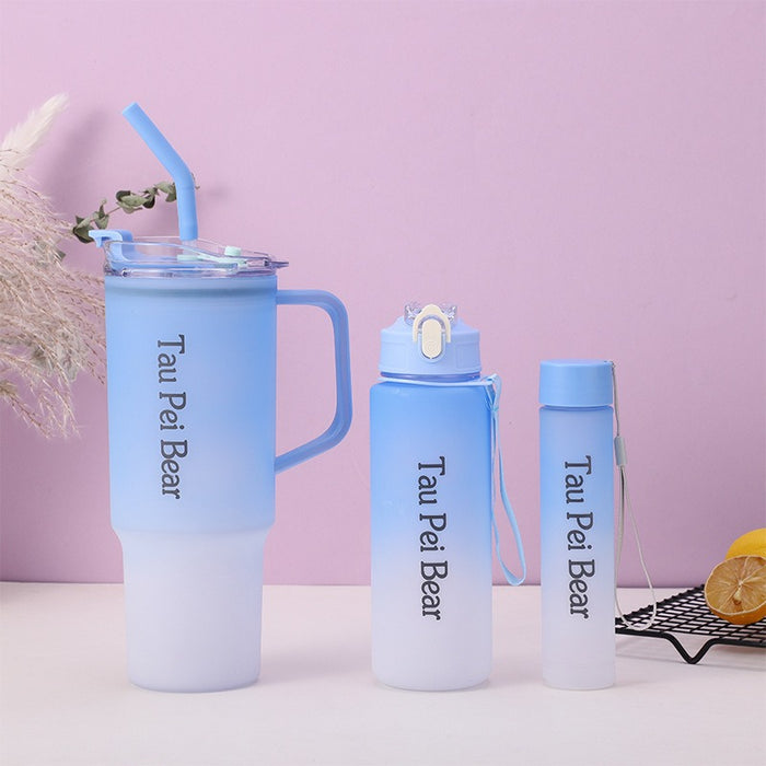 Wholesale Three-piece gradient color large capacity portable straw plastic cup set