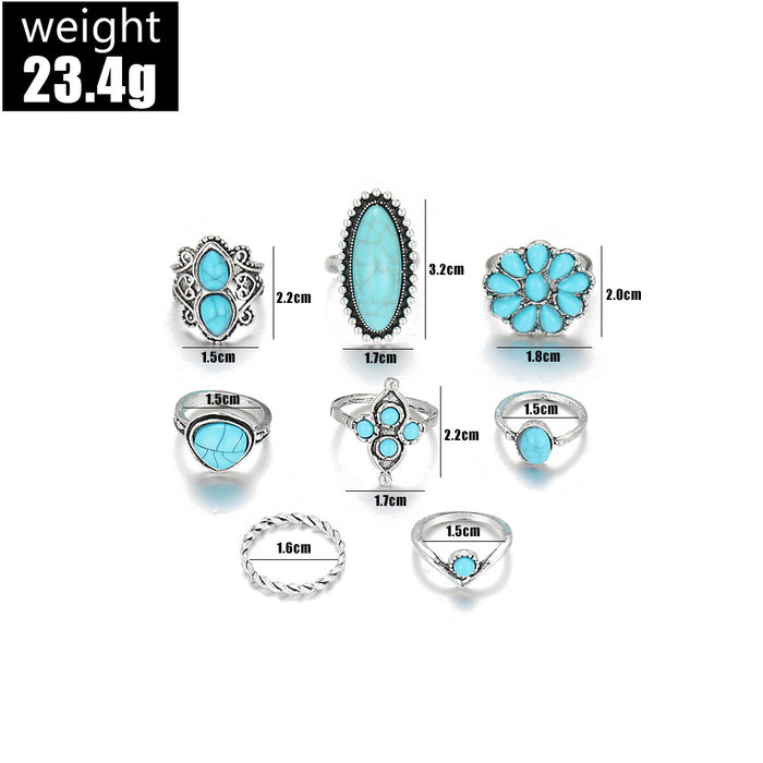 Wholesale Retro Bohemian Turquoise 8-piece Set Ring
