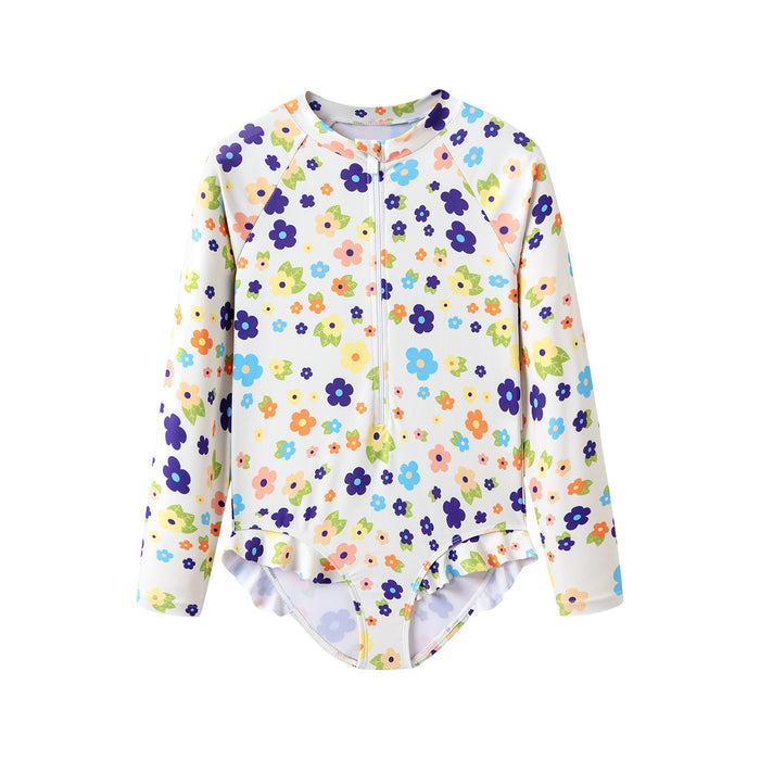 Wholesale New children's swimsuit with female fungus lace floral long sleeves to cover the belly, conservative one-piece swimsuit for girls and babies