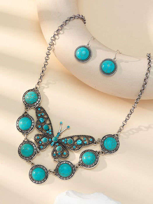 Wholesale Bohemian Turquoise Butterfly Necklace and Earring Set Metal Alloy Jewelry