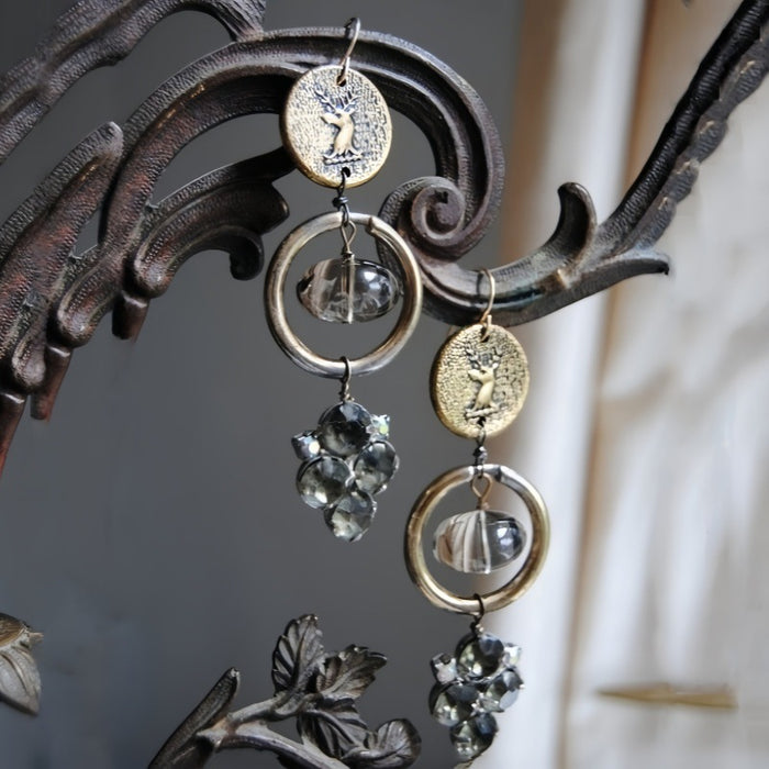 Wholesale Retro style geometric splicing long style antique alloy earrings carved deer head earrings